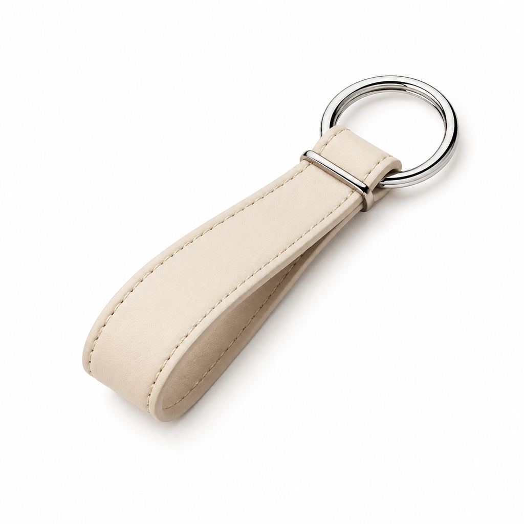 Portachiavi in pelle beige con anello in metallo.