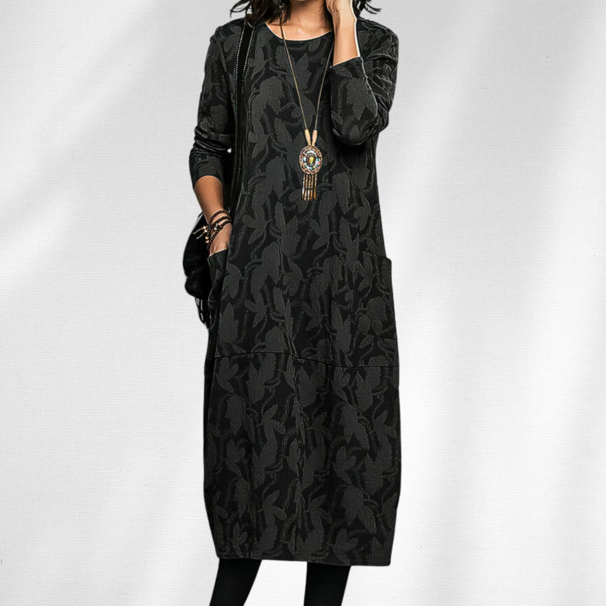 Abito invernale a maniche lunghe girocollo da donna - Stile chic