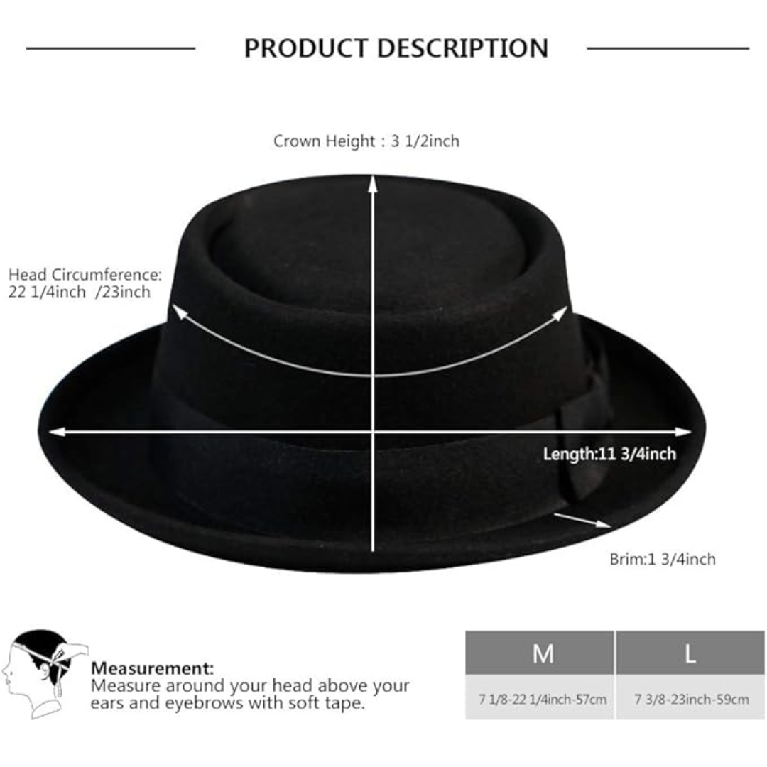 Cappello Fedora unisex in feltro di lana Pork Pie