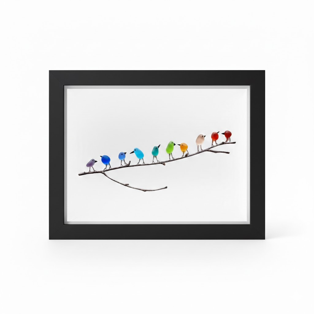 Cornice da parete con arte marina Uccelli in vetro mare su legno galleggiante