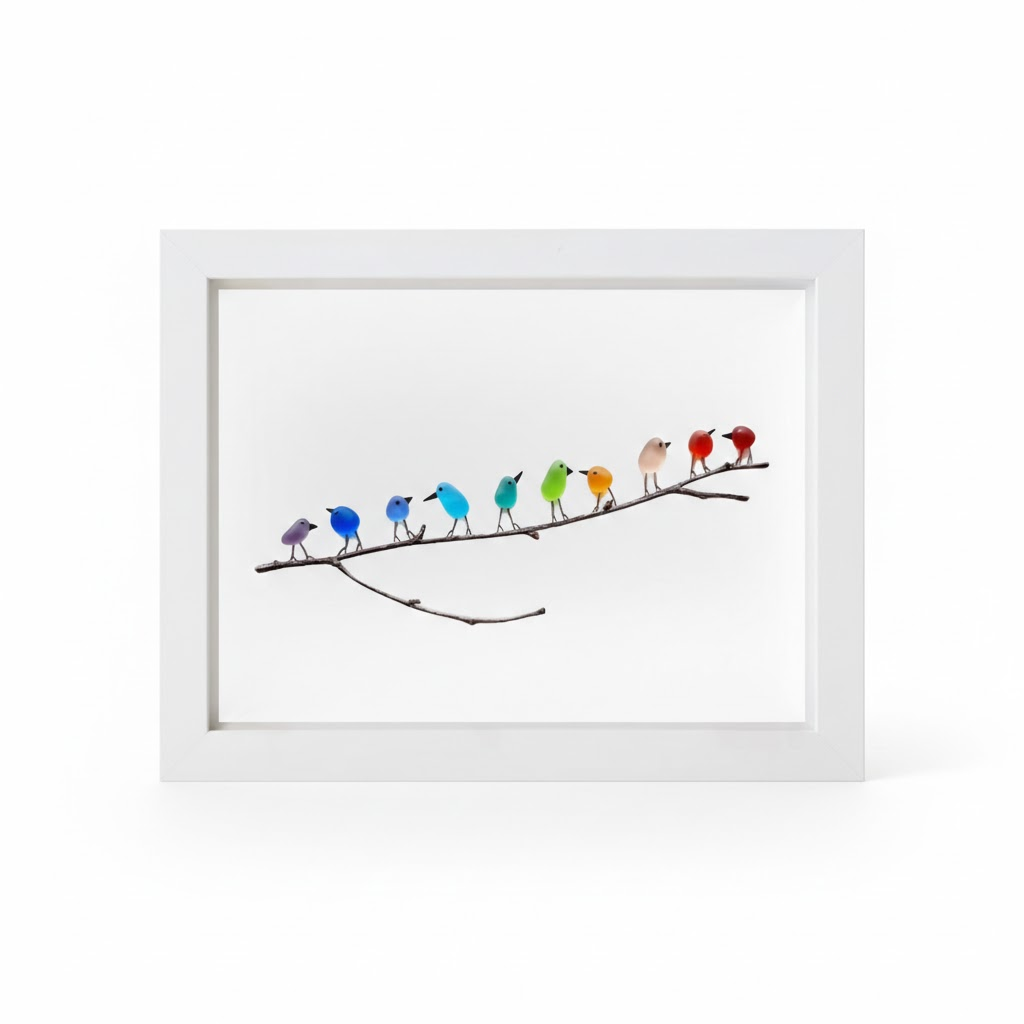 Cornice da parete con arte marina Uccelli in vetro mare su legno galleggiante