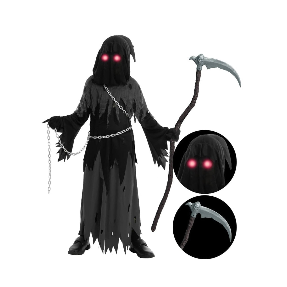 Costume di Halloween per bambini Spettro Incappucciato con Mantello e Occhi Luminosi