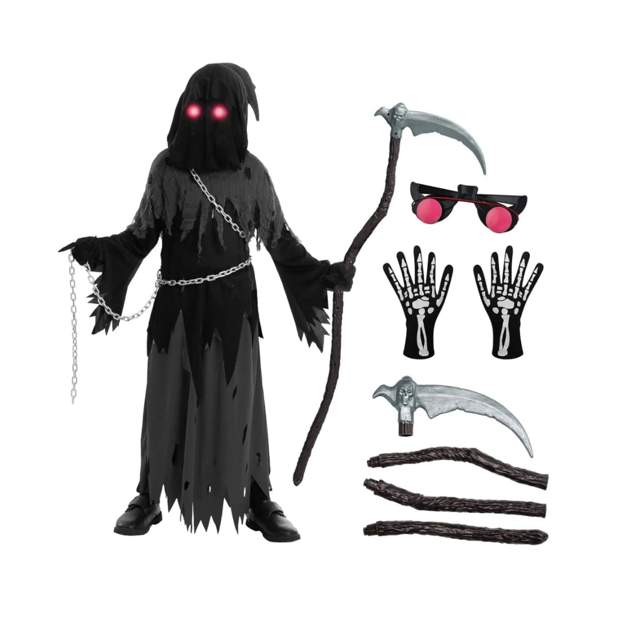 Costume di Halloween per bambini Spettro Incappucciato con Mantello e Occhi Luminosi