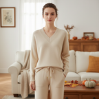 Set pullover e pantaloni da donna in due pezzi con scollo a V lavorato a maglia