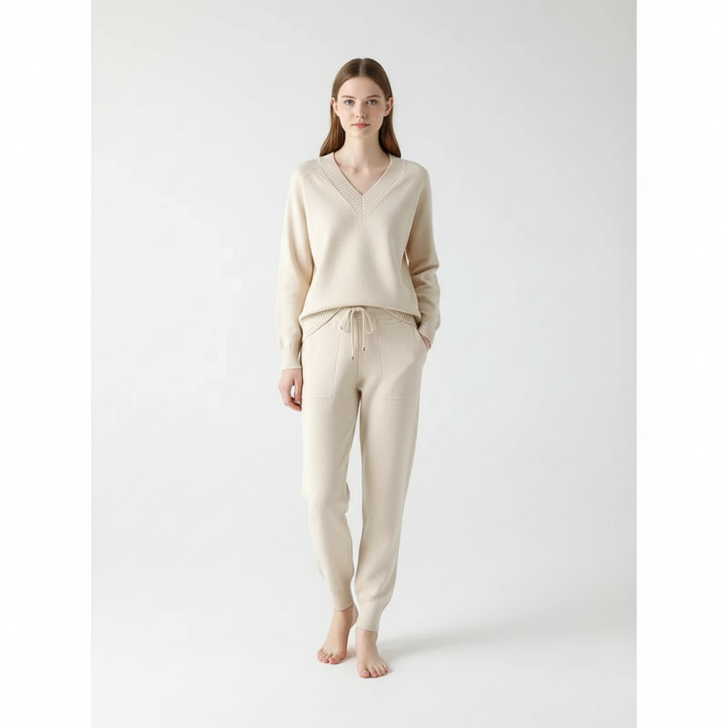 Set pullover e pantaloni da donna in due pezzi con scollo a V lavorato a maglia