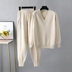 Set pullover e pantaloni da donna in due pezzi con scollo a V lavorato a maglia
