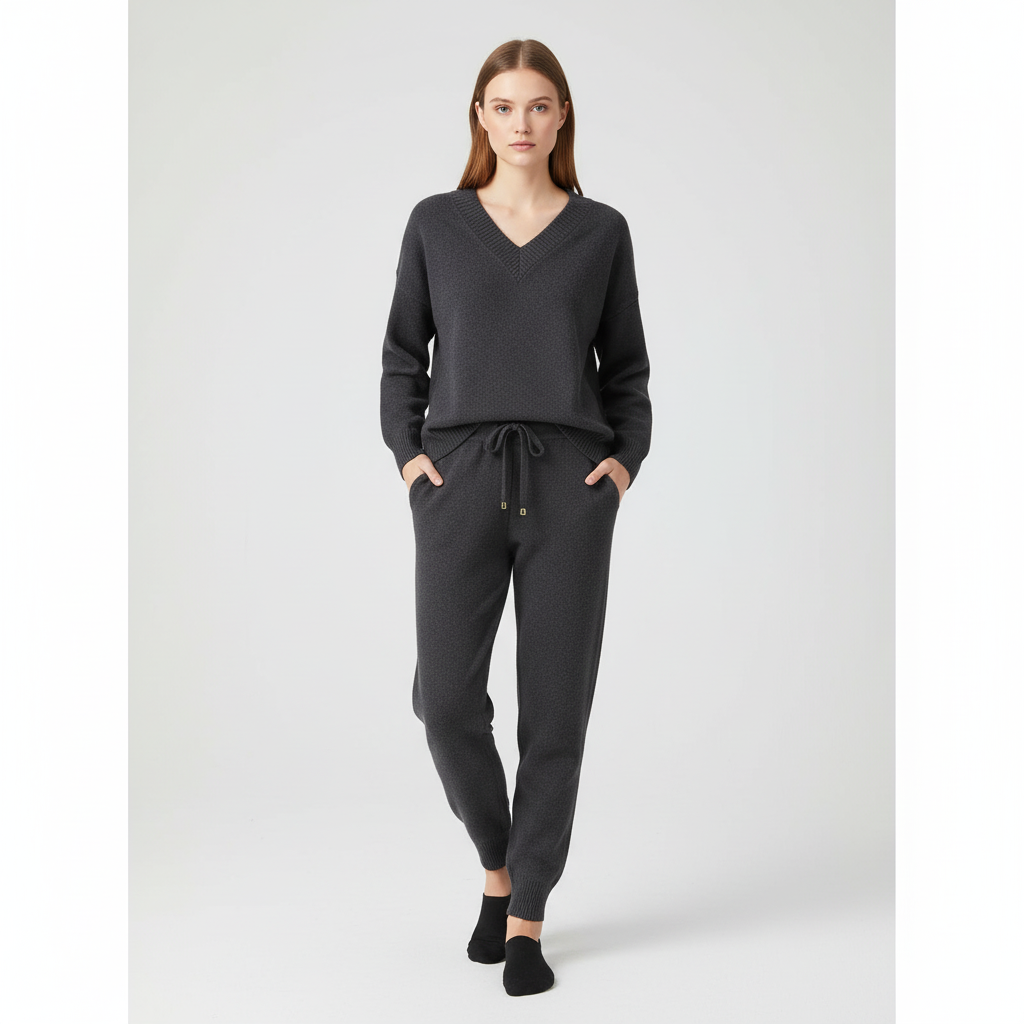 Set pullover e pantaloni da donna in due pezzi con scollo a V lavorato a maglia