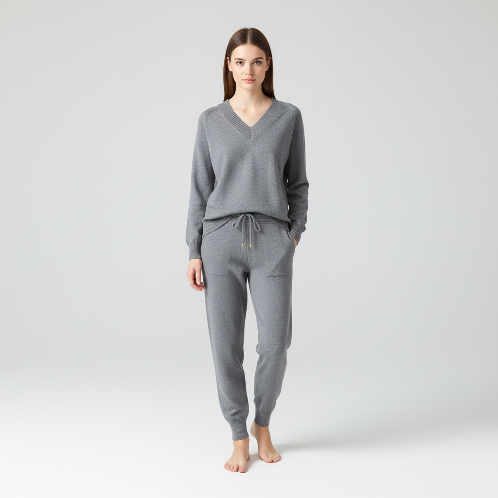 Set pullover e pantaloni da donna in due pezzi con scollo a V lavorato a maglia
