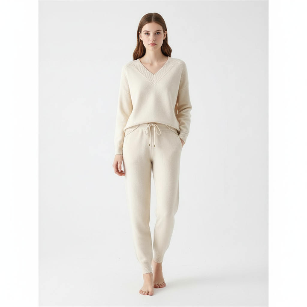 Set pullover e pantaloni da donna in due pezzi con scollo a V lavorato a maglia