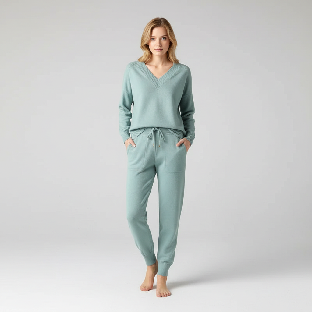Set pullover e pantaloni da donna in due pezzi con scollo a V lavorato a maglia