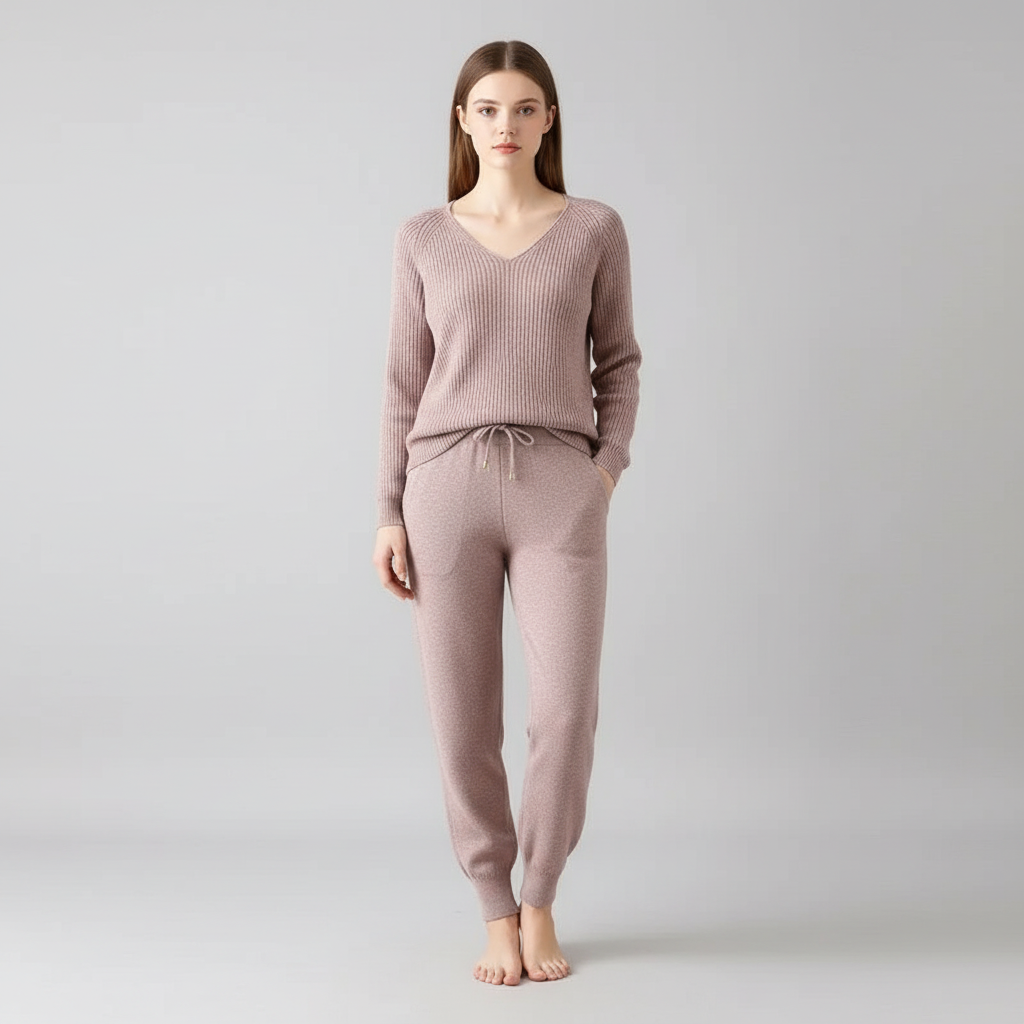 Set pullover e pantaloni da donna in due pezzi con scollo a V lavorato a maglia