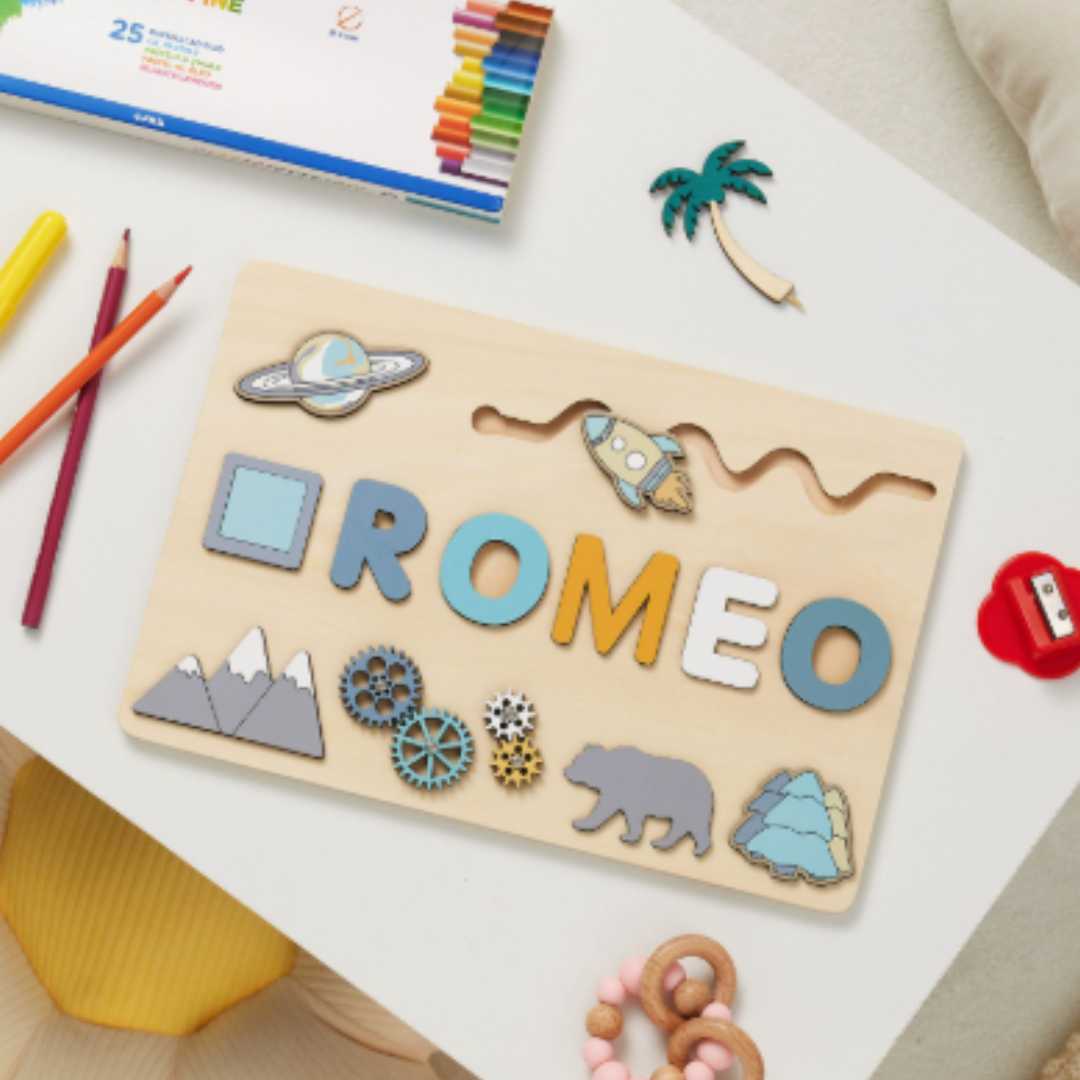 Puzzle con nome in legno personalizzato unisex per bambini