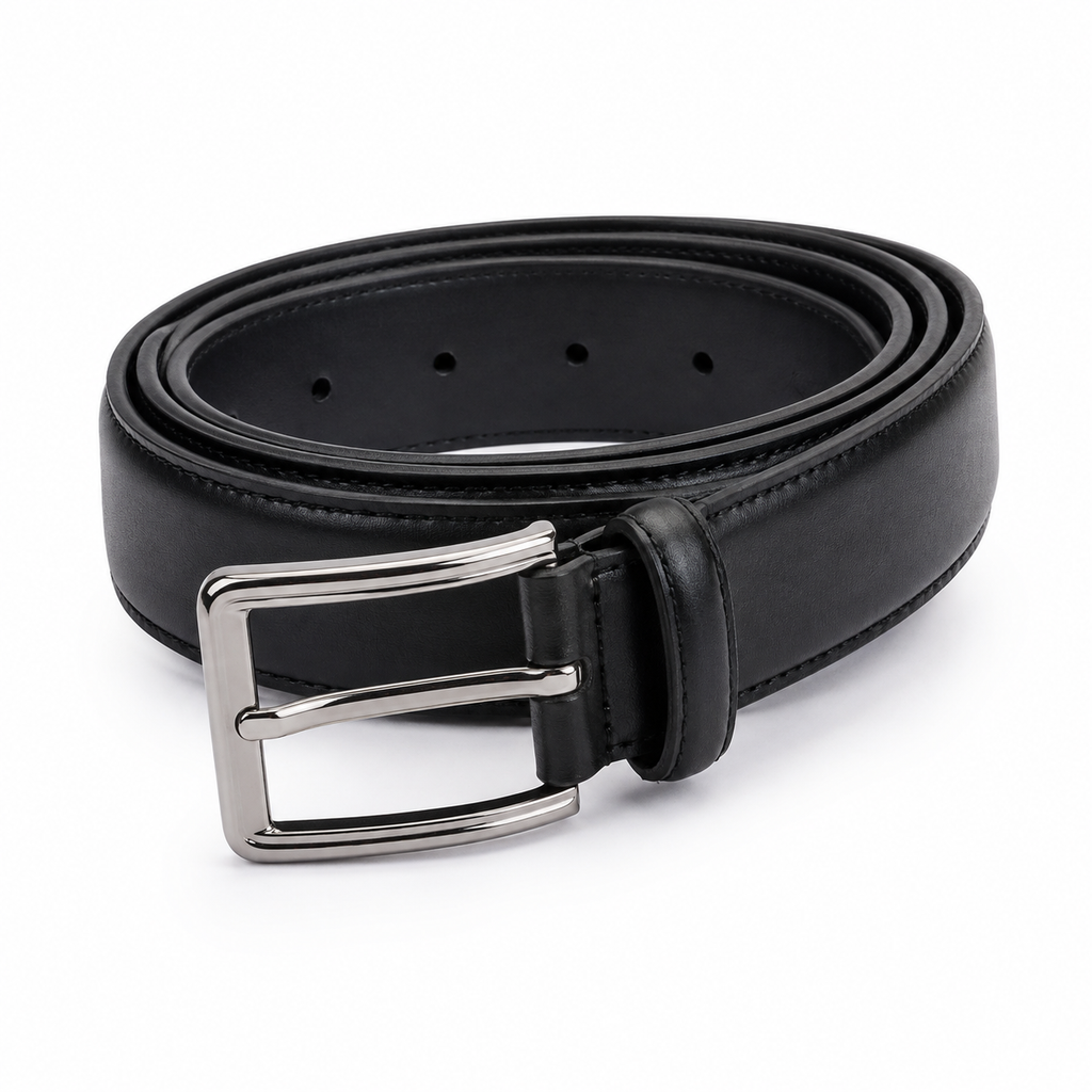 Cintura in pelle nera con fibbia argentata.