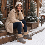Stivali da neve da donna, stivaletti impermeabili in pelle con tacco largo e polsini in pelliccia sintetica, suola antiscivolo foderata in lana