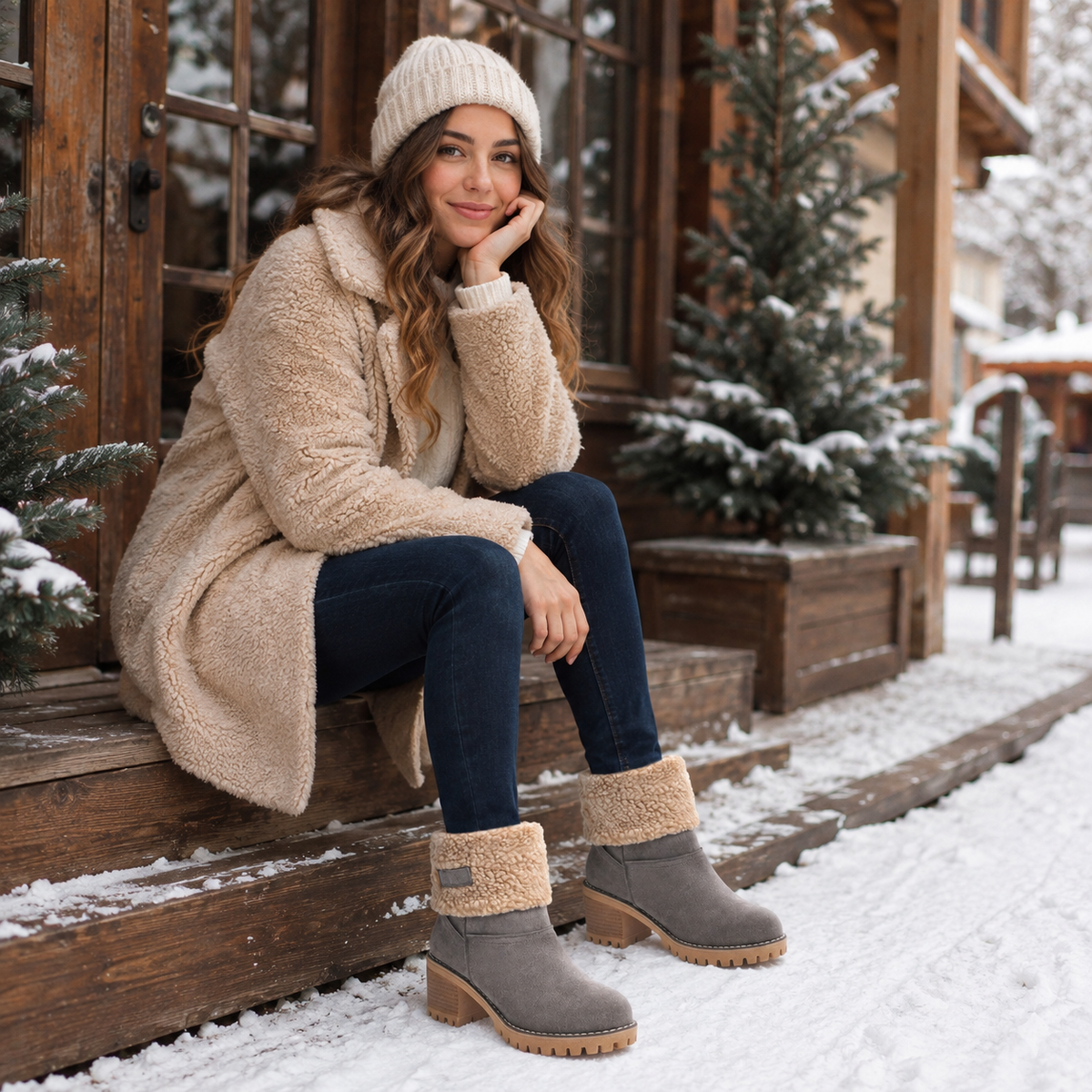 Stivali da neve da donna, stivaletti impermeabili in pelle con tacco largo e polsini in pelliccia sintetica, suola antiscivolo foderata in lana