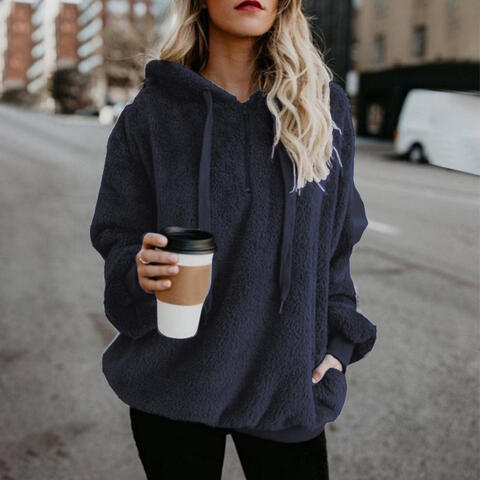 Felpa con cappuccio da donna morbida e rilassata - Pullover mezza zip, pile