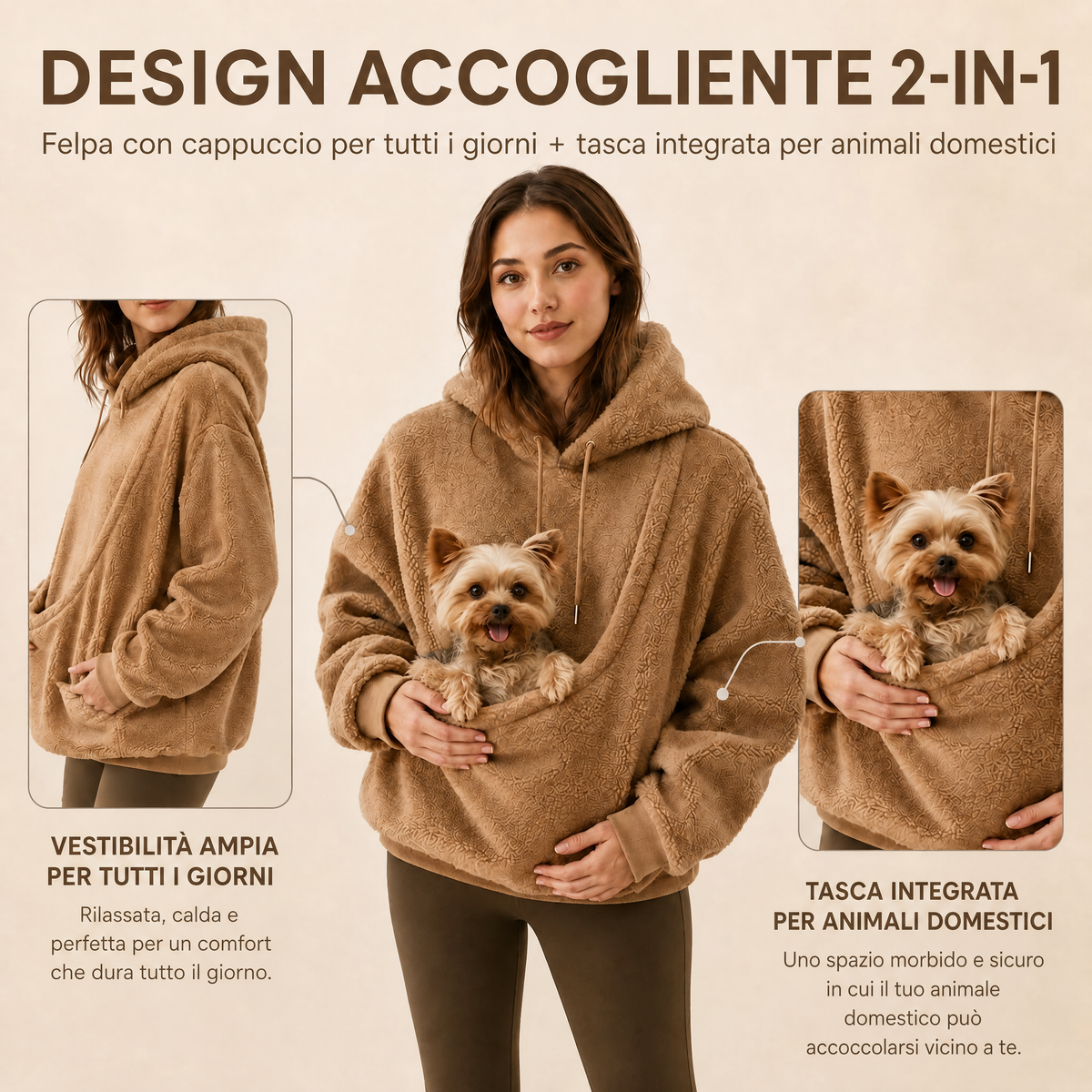 Felpa Pet Carrier Sherpa con Cappuccio per Cani e Gatti di Piccola Taglia – Morbida Felpa con Tasca Frontale per Passegg