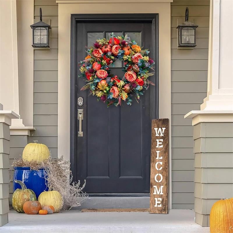 Ghirlanda per porta autunnale | Design rustico con peonia e zucca | Decorazione autunnale artigianale