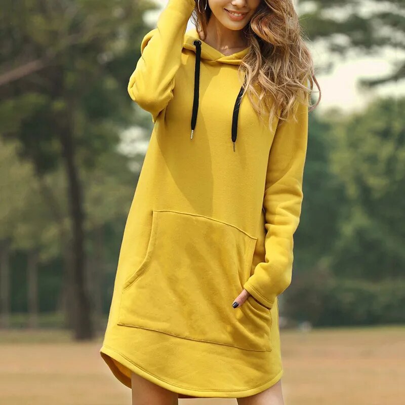 Abito con cappuccio da donna morbido e accogliente - Maglia spazzolata lunga