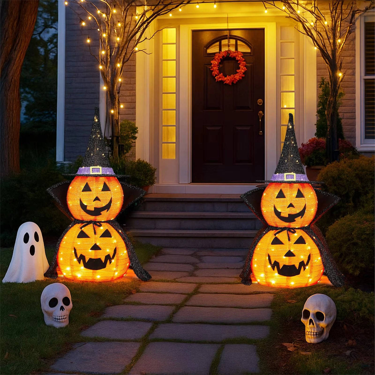 Decorazione da giardino con zucca illuminata pieghevole da 2 pezzi da 9,1 m di Halloween