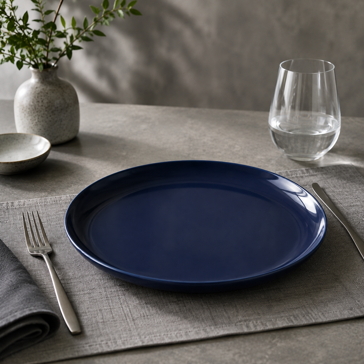 Vista dall'alto del piatto in ceramica blu