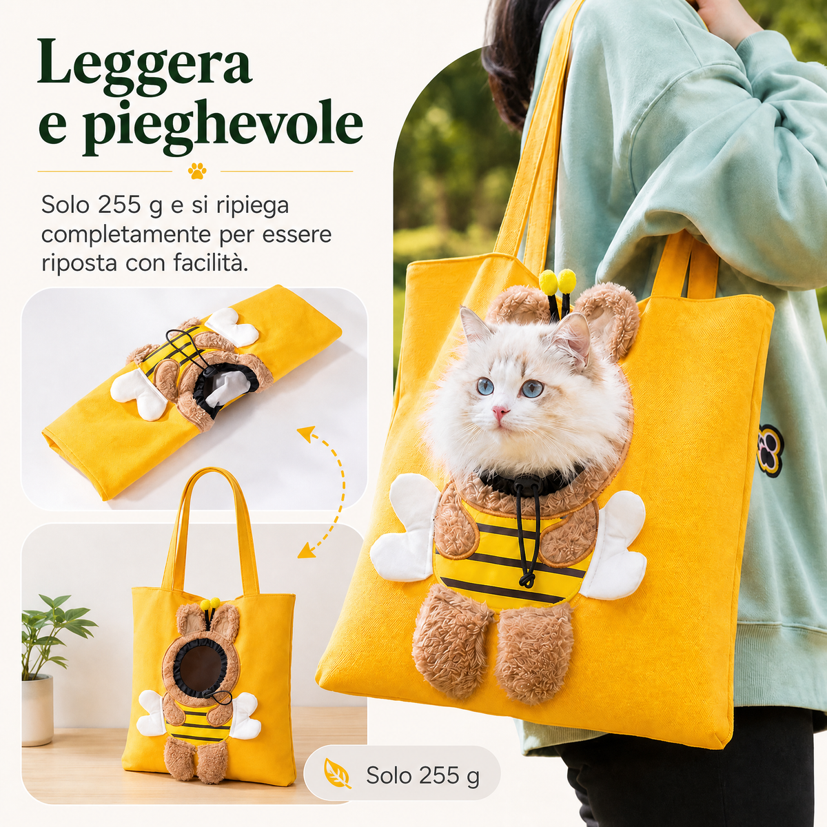 borsa trasportino aperta per gatti per passeggiate e visite dal veterinario - Borsa in canvas leggera per gatti e cani d