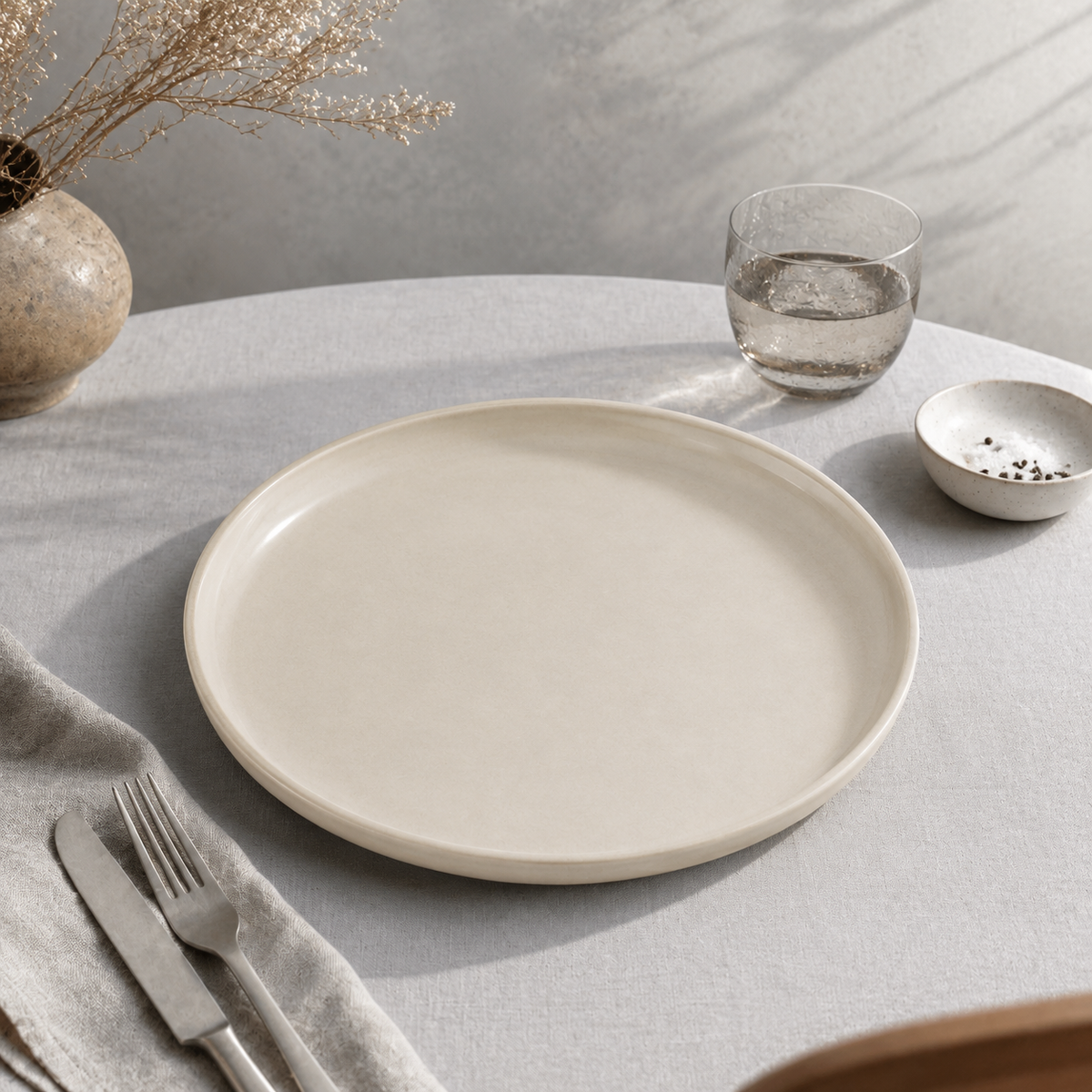 Dettaglio del bordo del piatto in ceramica beige
