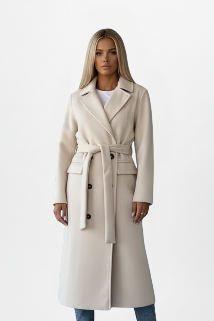 Cappotto lungo elegante da donna con cintura doppiopetto