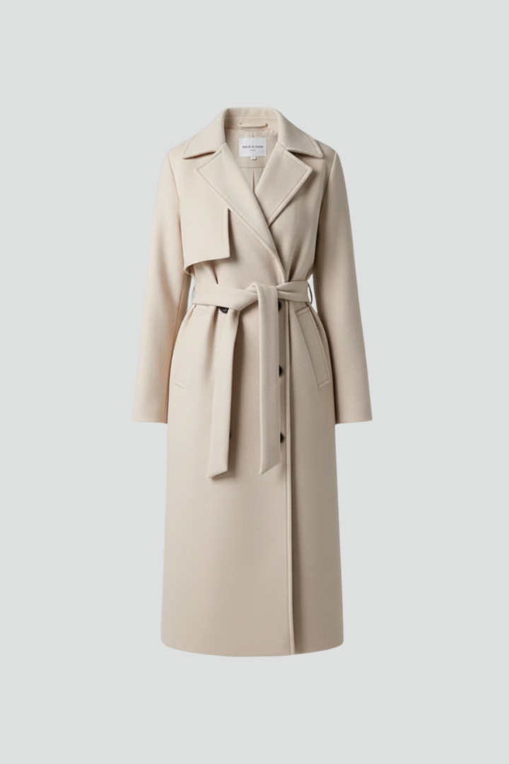 Cappotto lungo elegante da donna con cintura doppiopetto