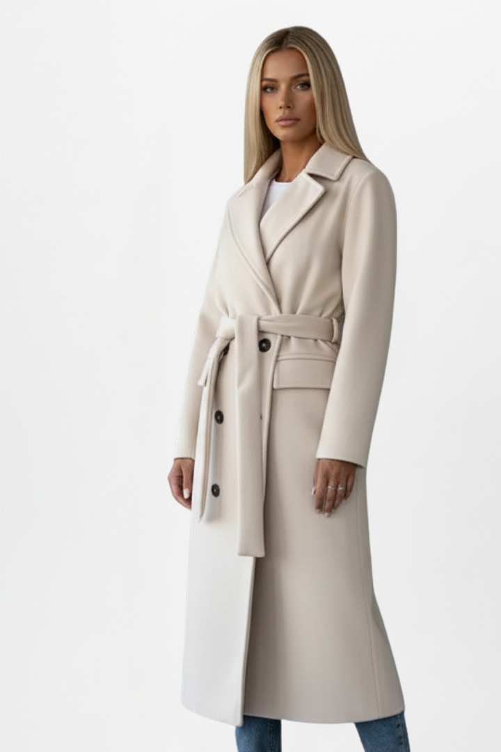 Cappotto lungo elegante da donna con cintura doppiopetto