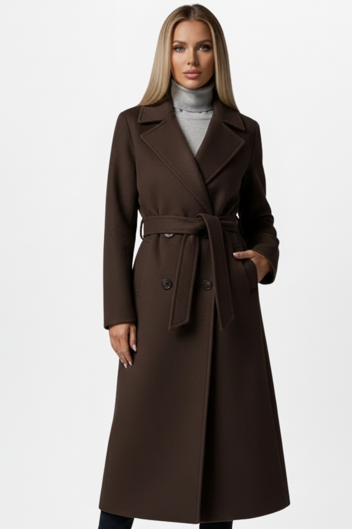 Cappotto lungo elegante da donna con cintura doppiopetto