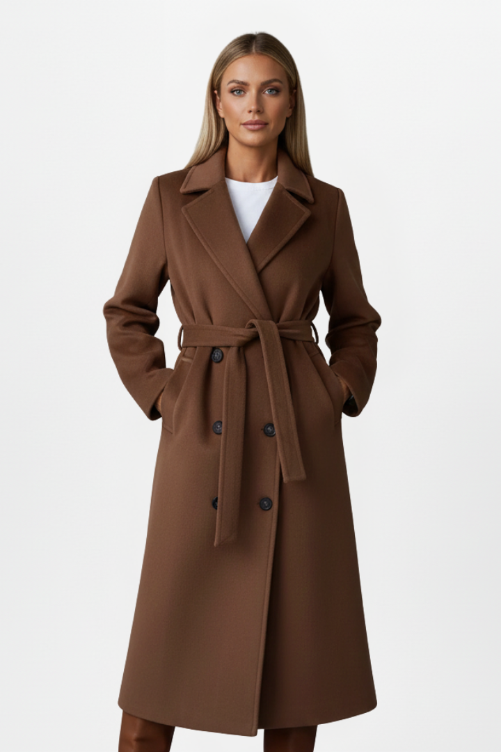 Cappotto lungo elegante da donna con cintura doppiopetto