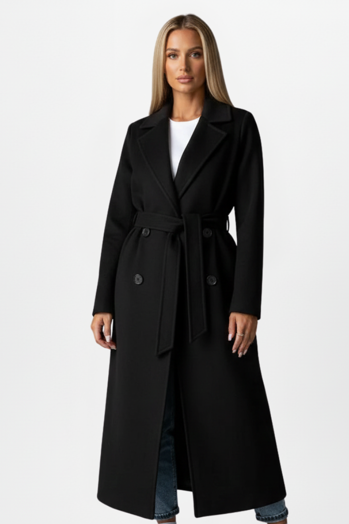 Cappotto lungo elegante da donna con cintura doppiopetto