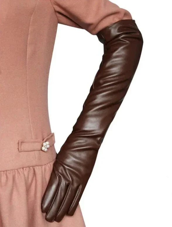 Guanti eleganti da donna in pelle vegana al gomito
