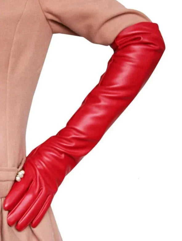 Guanti eleganti da donna in pelle vegana al gomito