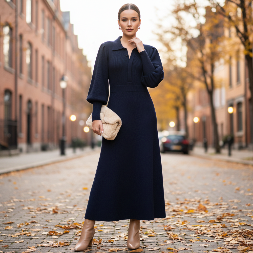 Abito midi elegante lavorato a maglia da donna con colletto
