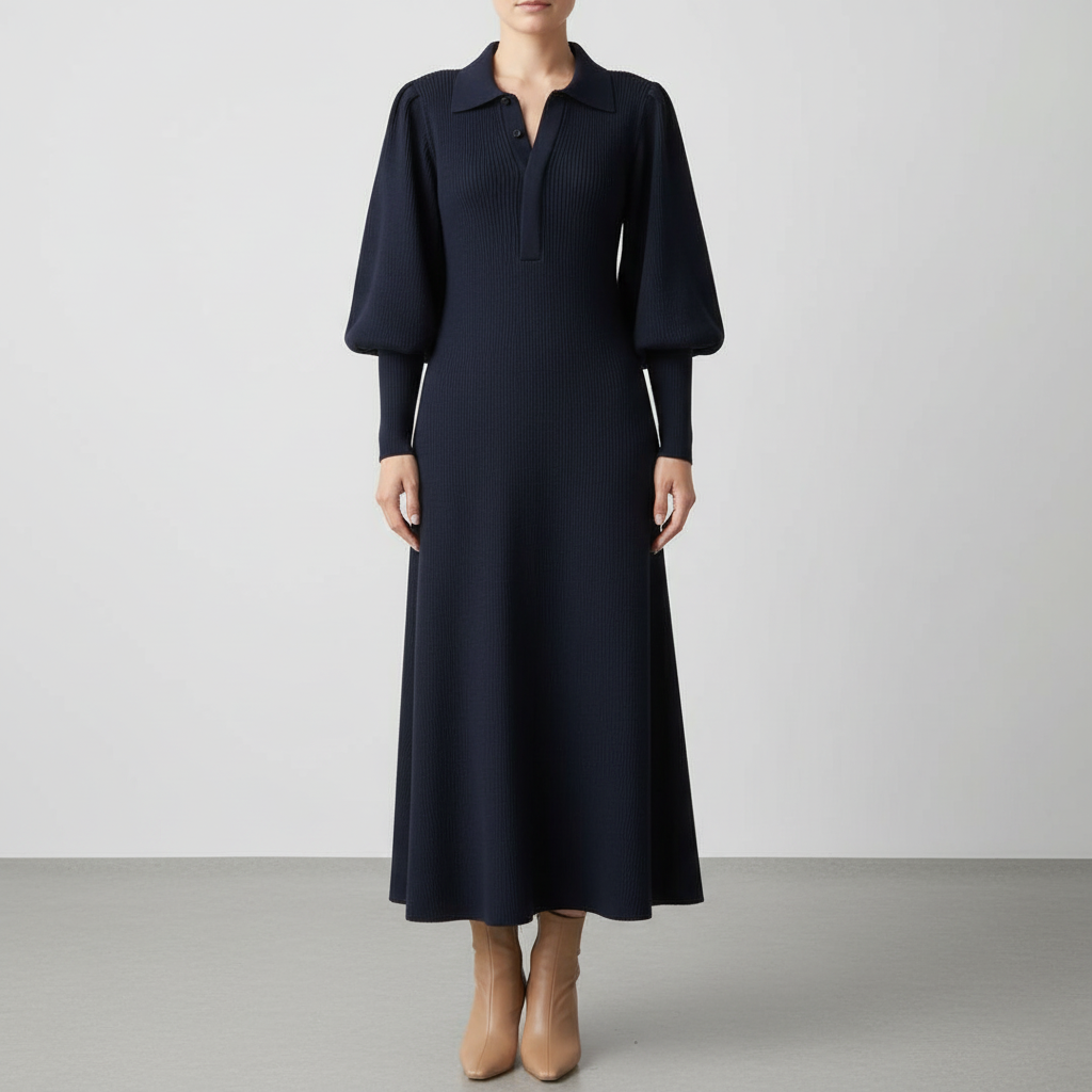 Abito midi elegante lavorato a maglia da donna con colletto