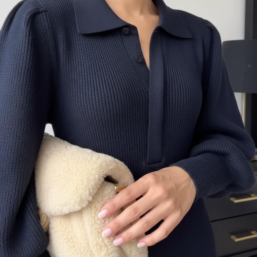 Abito midi elegante lavorato a maglia da donna con colletto