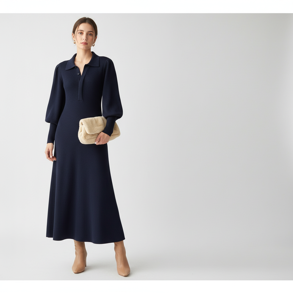 Abito midi elegante lavorato a maglia da donna con colletto