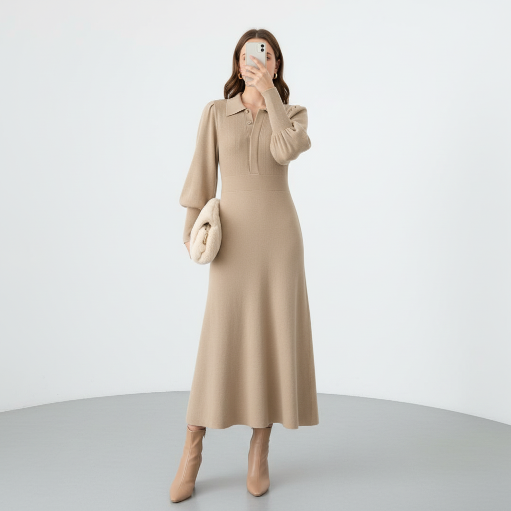 Abito midi elegante lavorato a maglia da donna con colletto