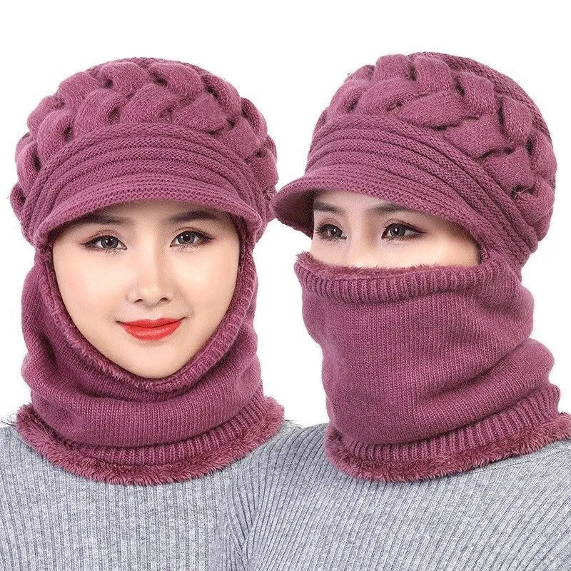 Set di cappelli invernali isolanti da donna - Maglia a trecce, lana