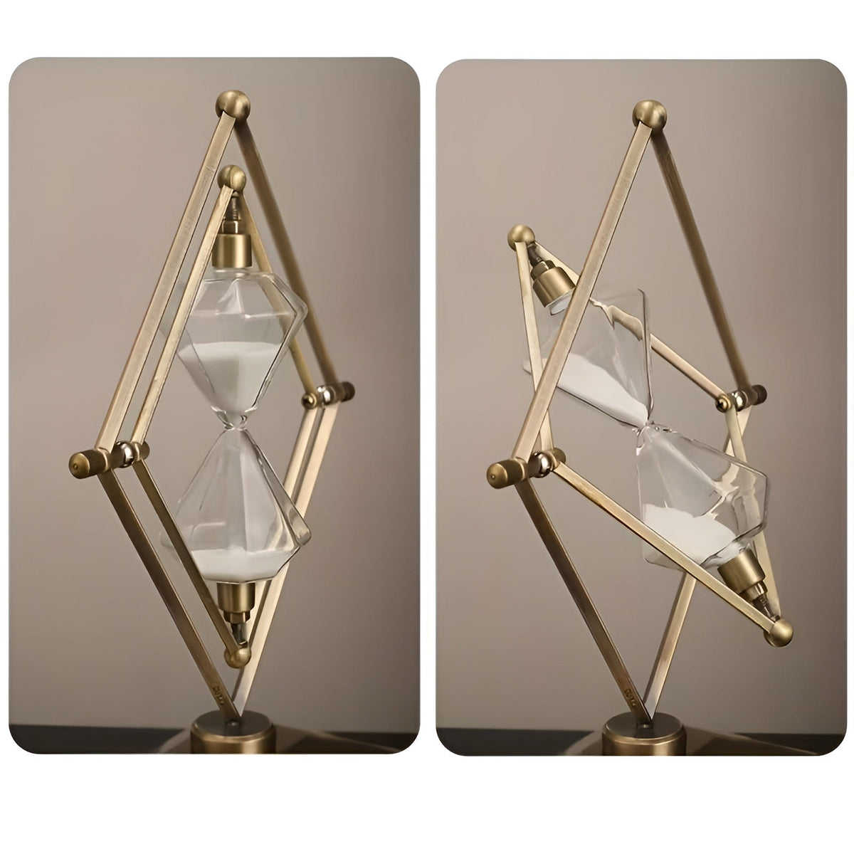 Clessidra con struttura geometrica in metallo – Timer da meditazione con sabbia bianca