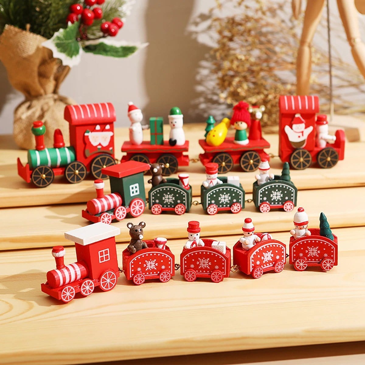 Set di ornamenti per la decorazione del treno di Natale in legno
