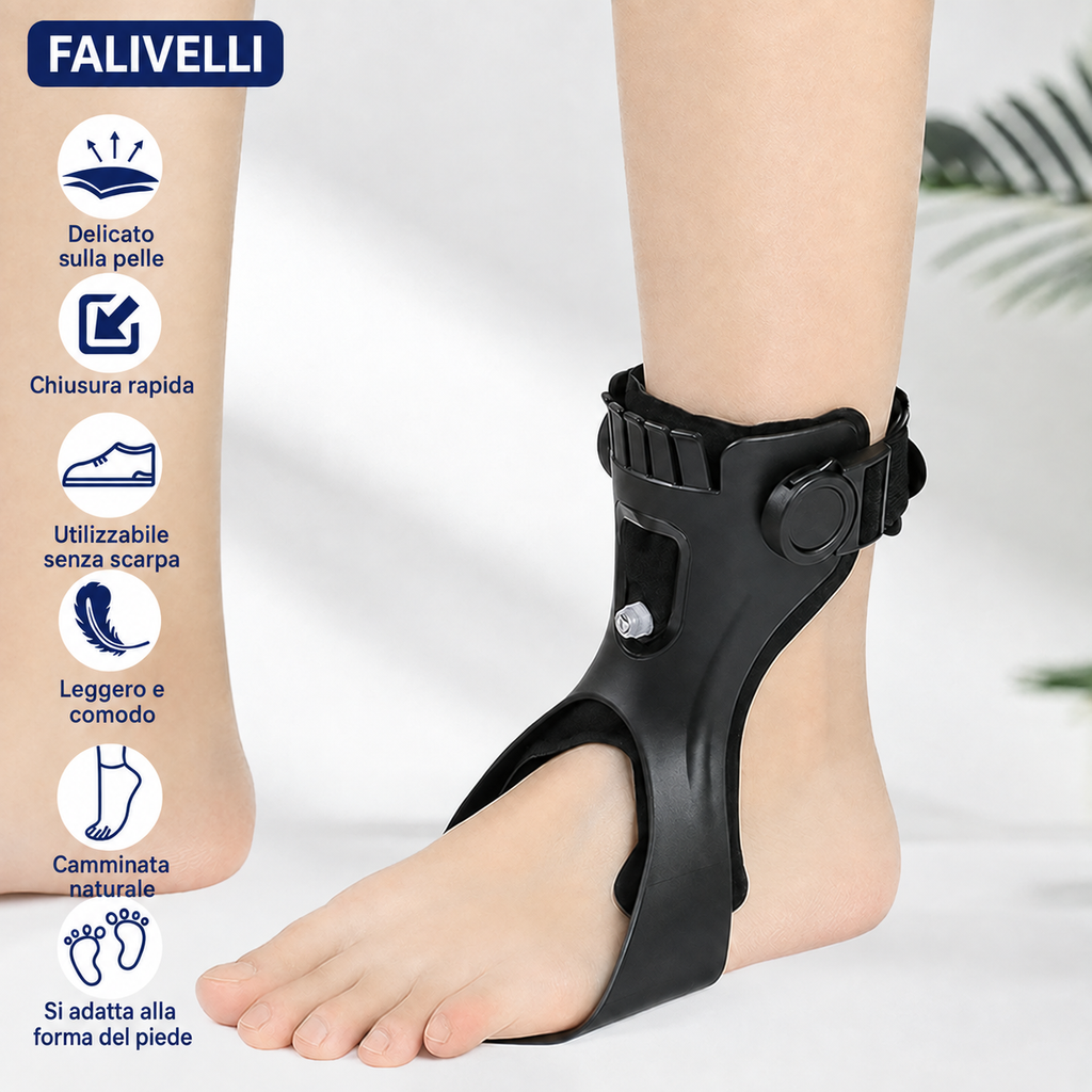 Supporto ortopedico regolabile per piede cadente con rivestimento traspirante e stabilizzazione della caviglia