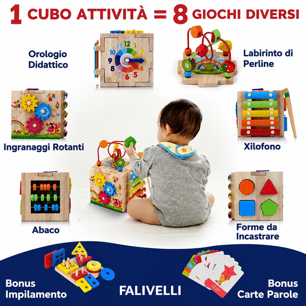MINDBLOX – Cubo di Apprendimento Montessori in Legno 8 in 1 per Bambini Piccoli con Giochi Educativi