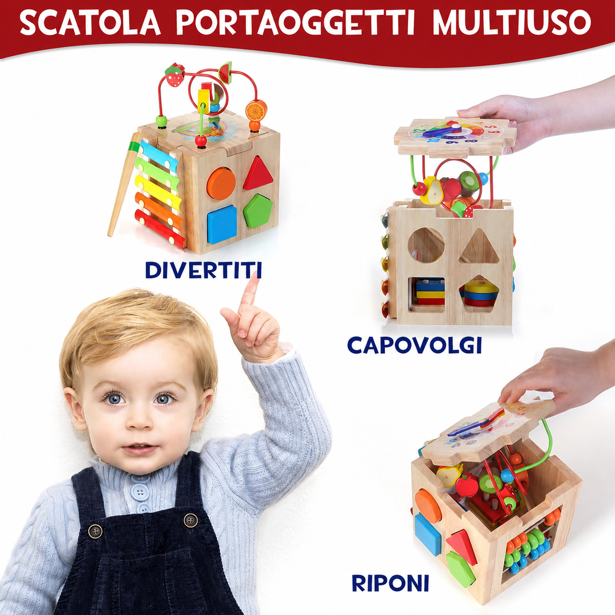 MINDBLOX – Cubo di Apprendimento Montessori in Legno 8 in 1 per Bambini Piccoli con Giochi Educativi