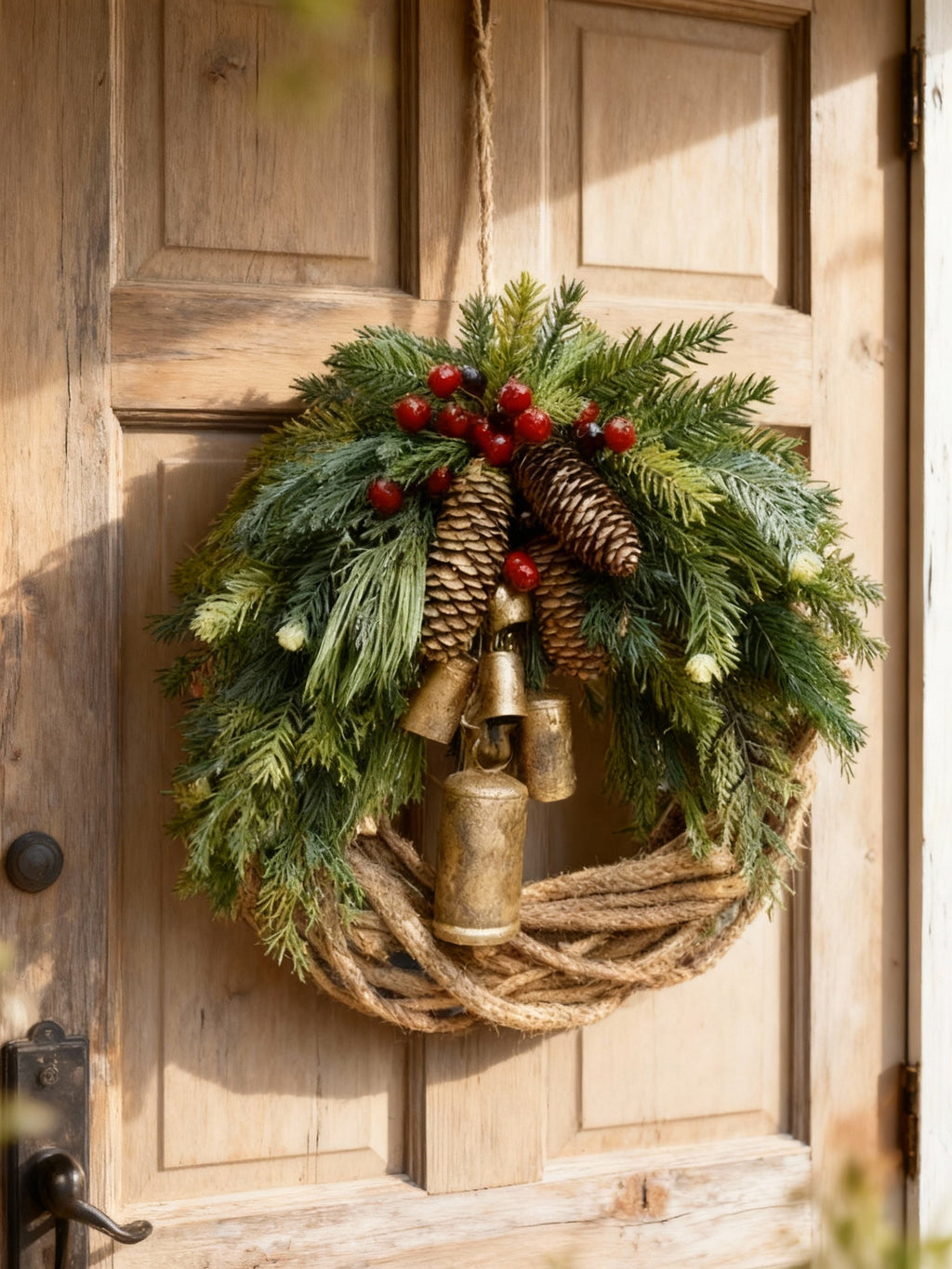 Ghirlanda invernale boho fatta a mano | Campanelli, pigne e bacche | 43 cm | Interno/Esterno