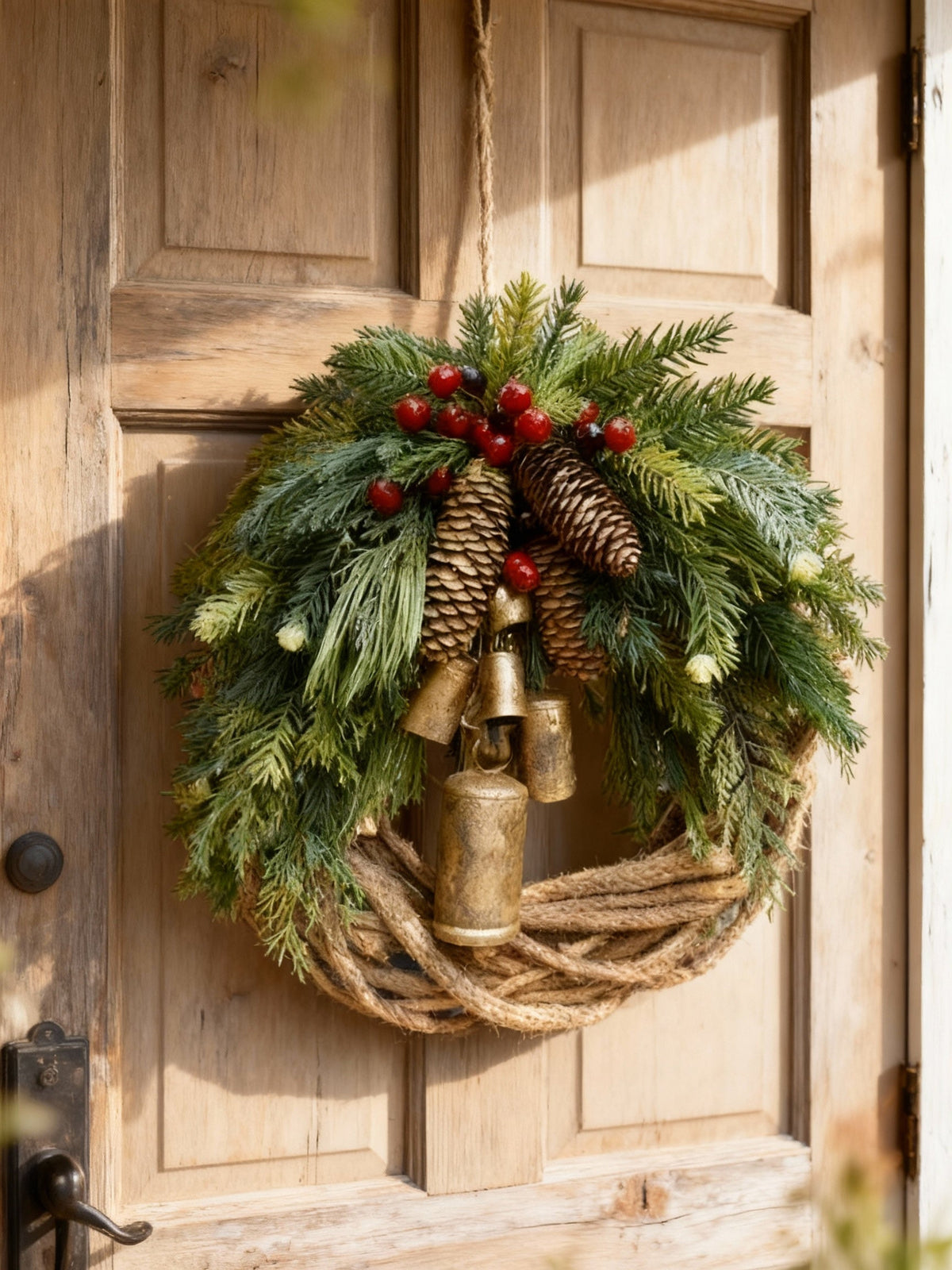 Ghirlanda invernale boho fatta a mano | Campanelli, pigne e bacche | 43 cm | Interno/Esterno