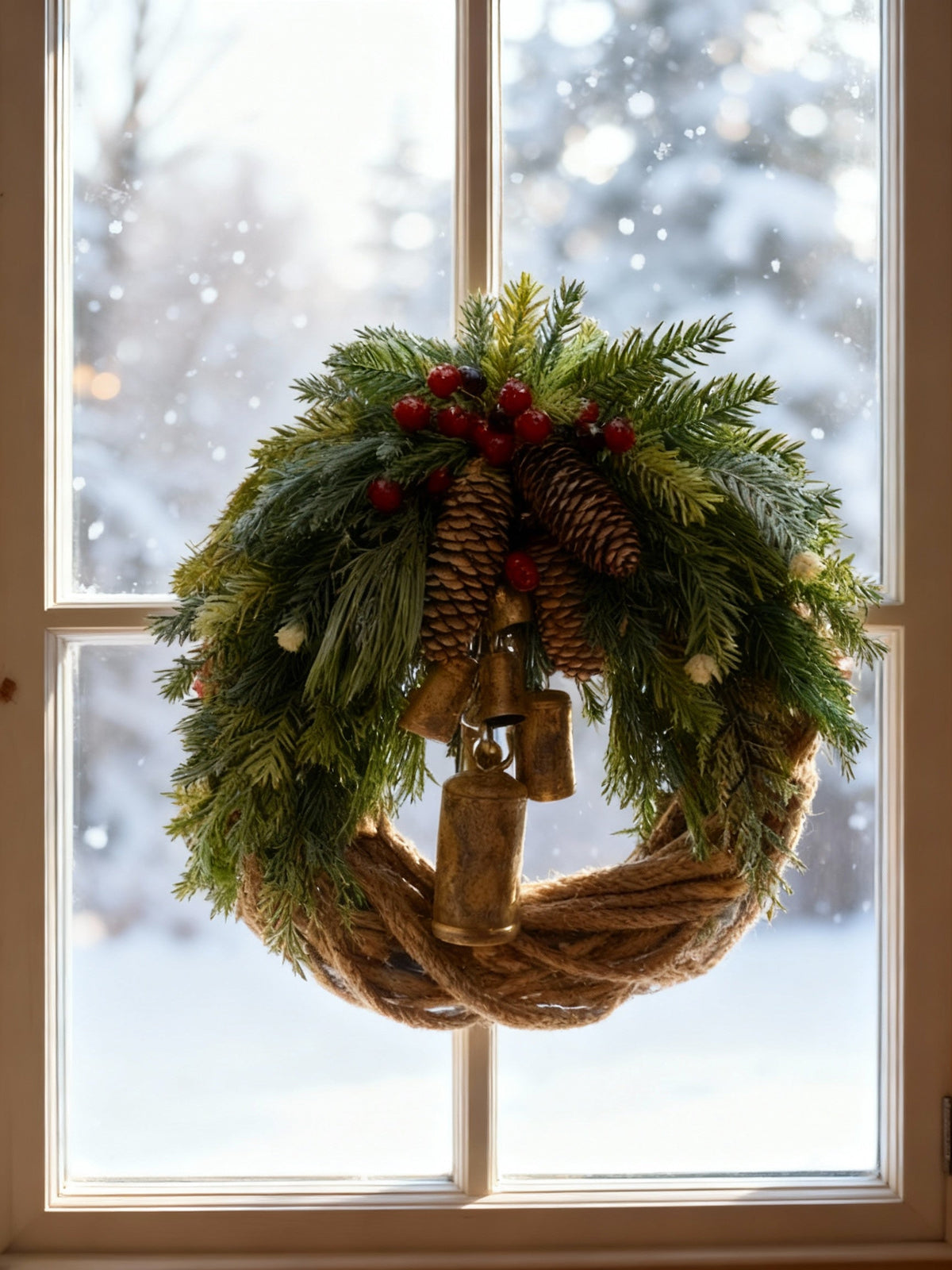 Ghirlanda invernale boho fatta a mano | Campanelli, pigne e bacche | 43 cm | Interno/Esterno
