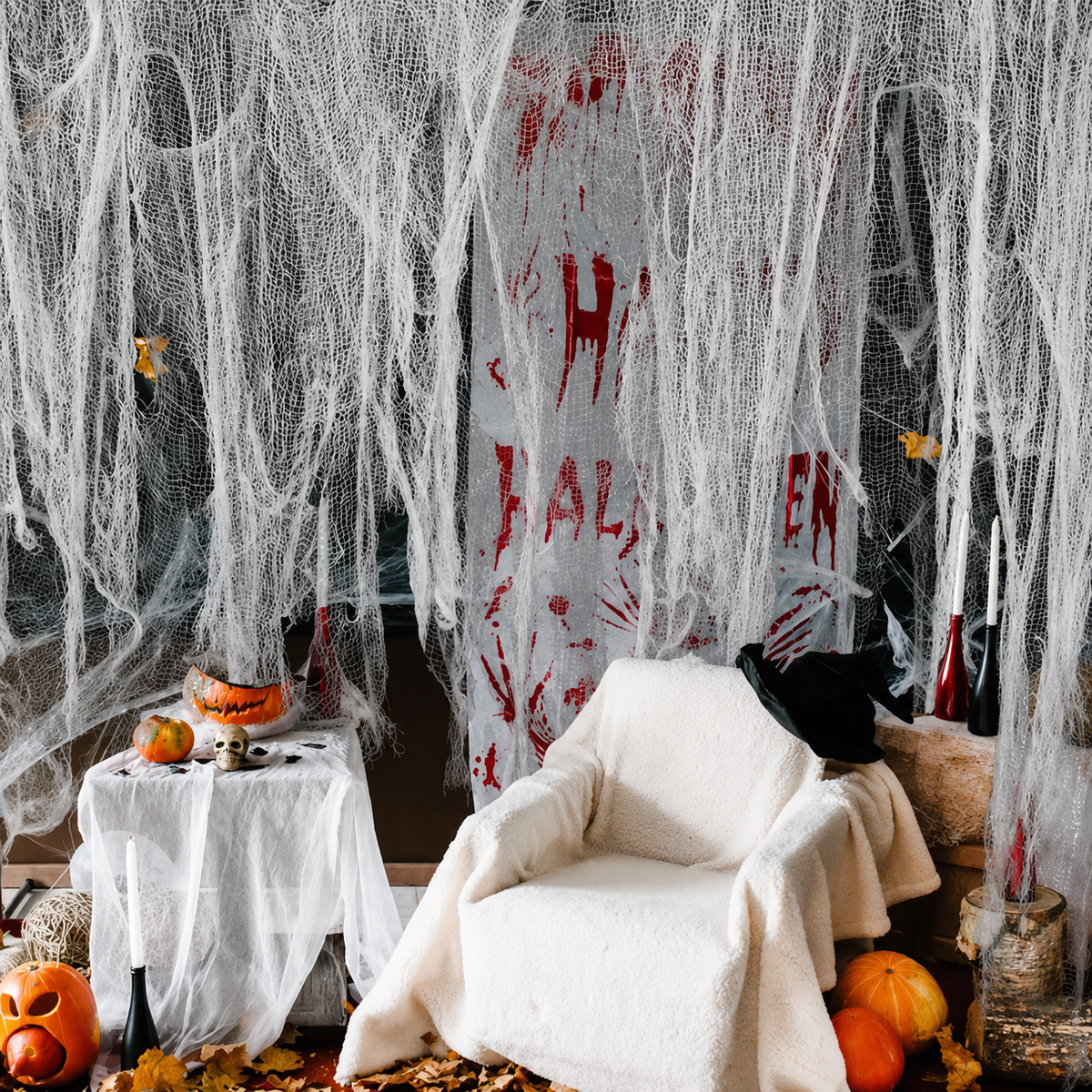 Decorazione in tessuto di garza inquietante di Halloween per la casa stregata da interni ed esterni Jack O Lantern